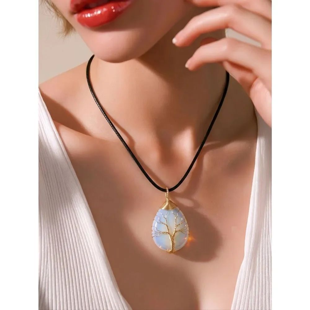 Gold Tree of Life Opalite Wire Wrapped Necklace Aurora Borealis Glow Pendant